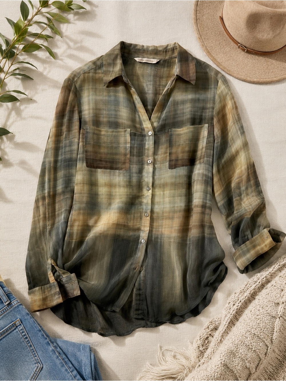 Soft Surroundings Plaid Button Down Blouse Sheer Earth Tone Top Women LP